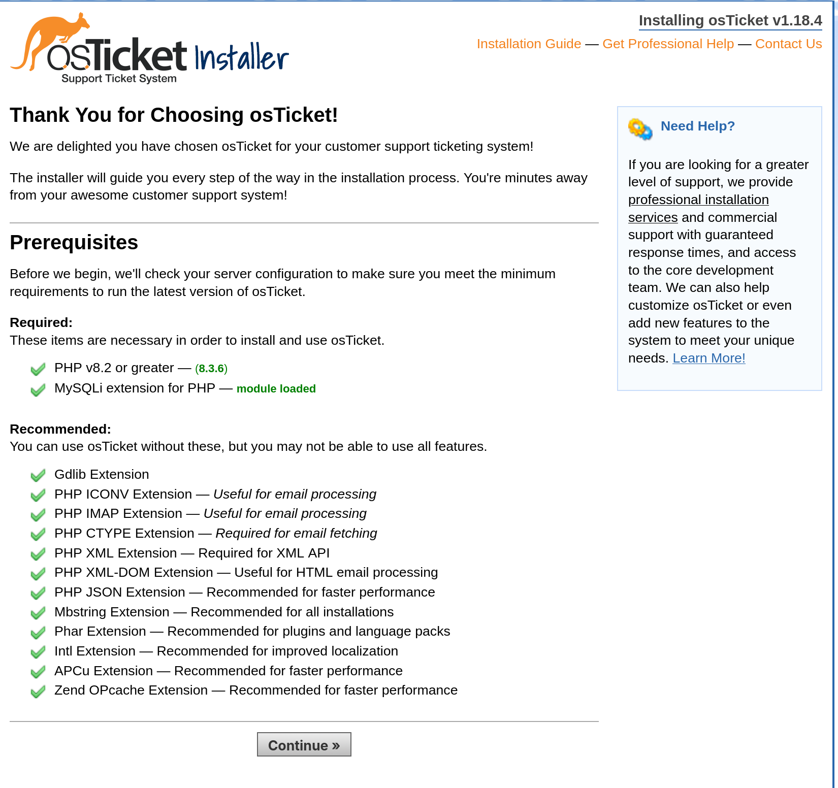 osTicket installer prerequisites page showing all required and recommended PHP extensions installed