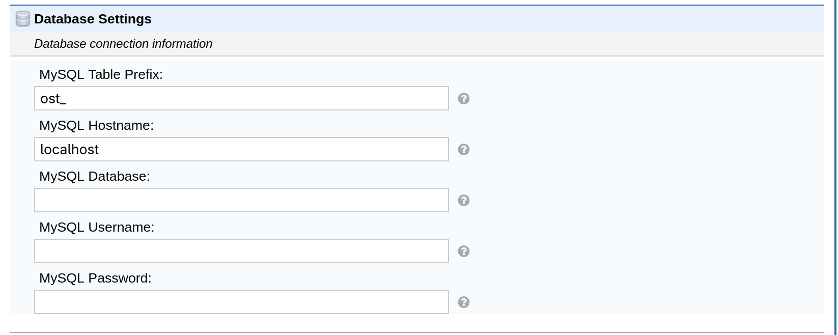 osTicket installation wizard database settings form with fields for table prefix, hostname, database, username, and password